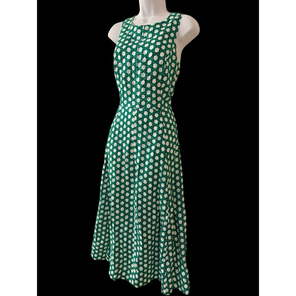Boden Linen Dress 10 Midi Linen Green Wicker Fit Flare Pockets FIRM - Picture 3 of 10